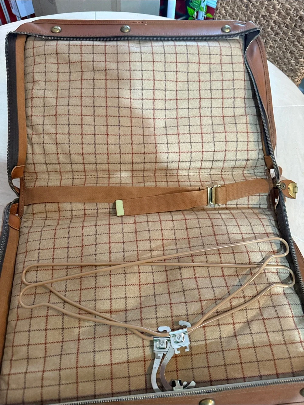PrestoLock Co 2590 Tan Leather suitcase with Plaid Interior Combination Lock